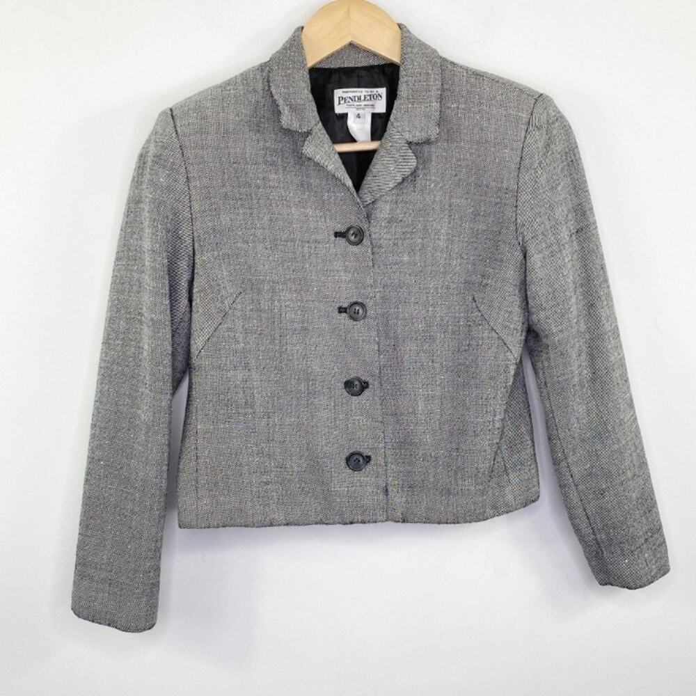 Pendleton‎ Womens Grey Wool Silk Button Front Blazer Suit Jacket Size 4 Cropped